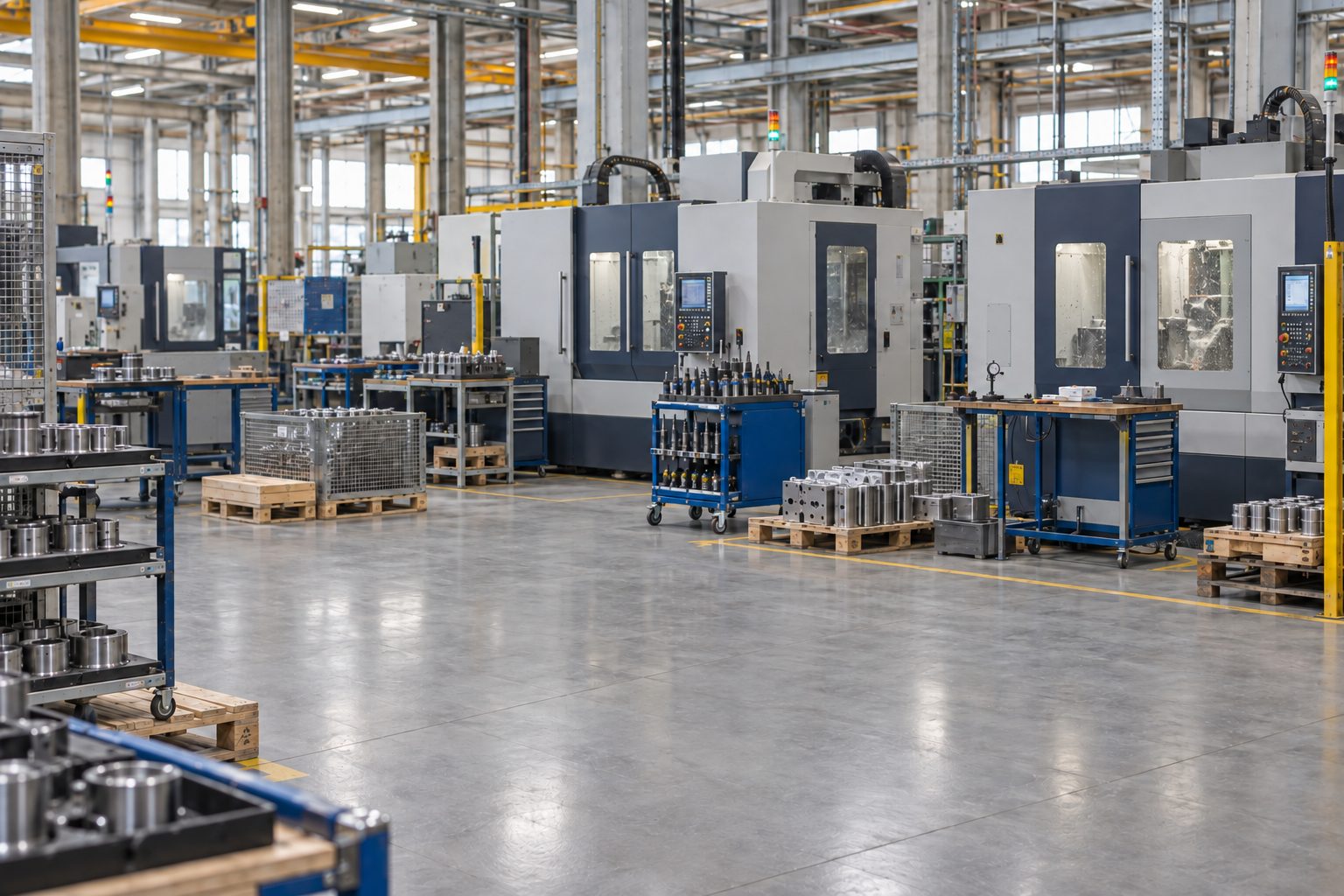 Pallets of machined metal parts on a machine shop floor