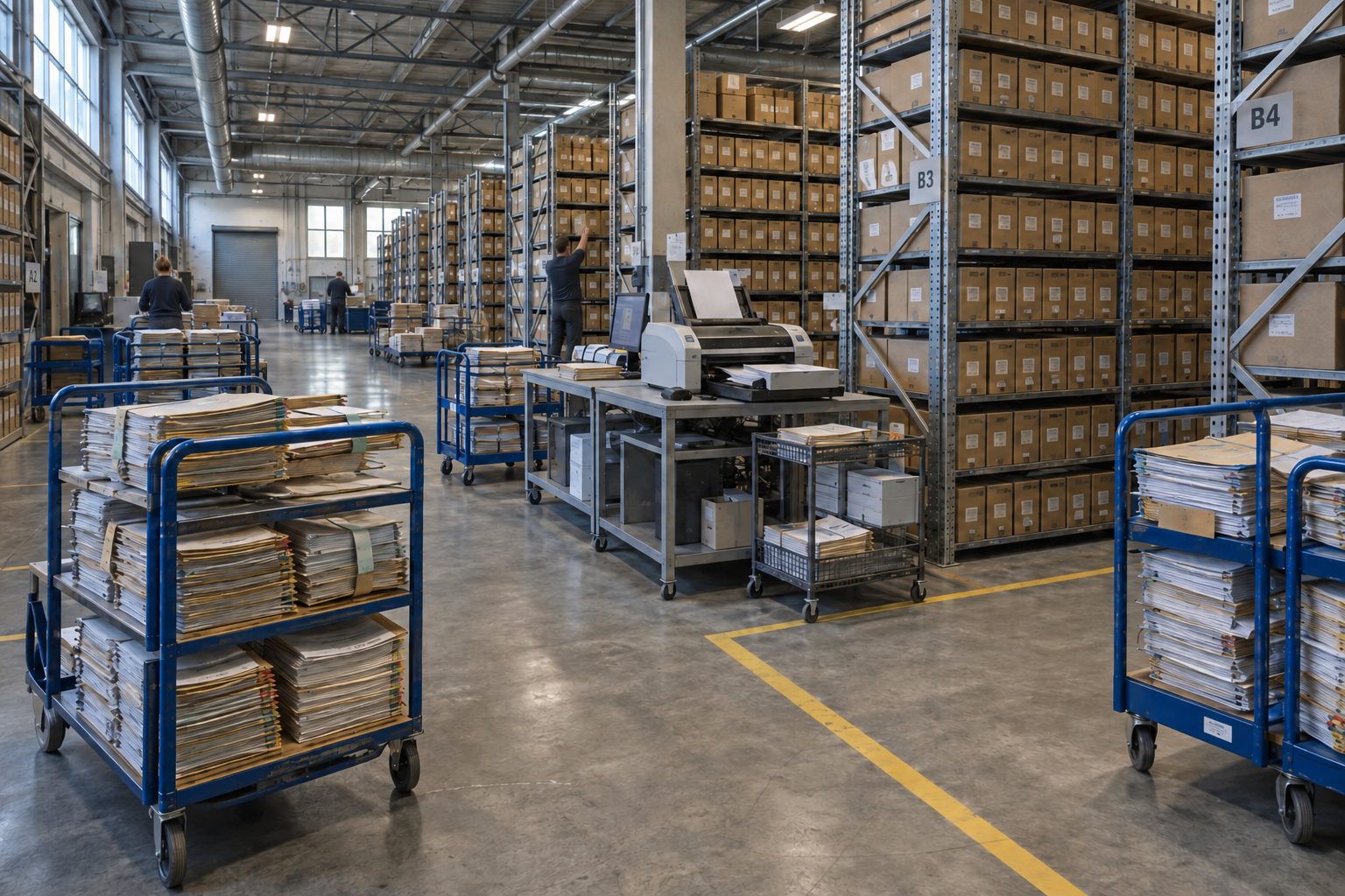 Trolleys of paper case files beside a scanner in a records warehouse