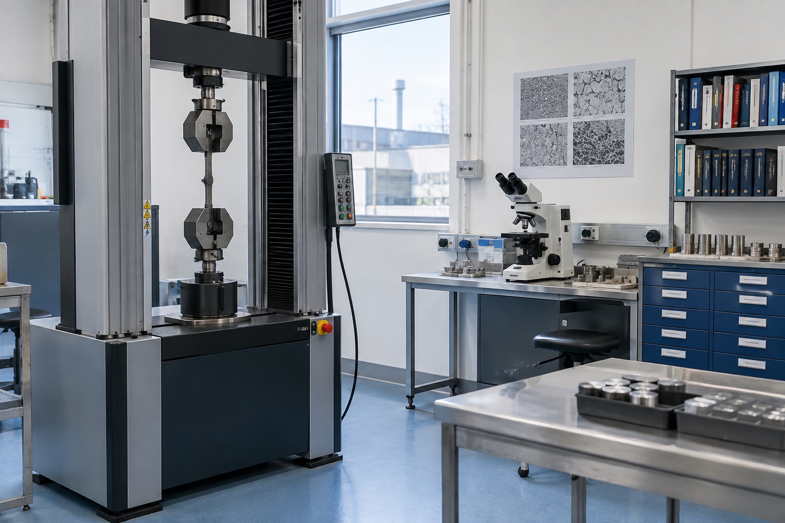 A materials testing lab with a tensile tester and reference binders