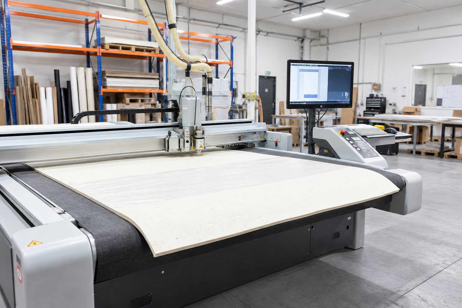 A CNC cutting machine with its control monitor on a workshop floor