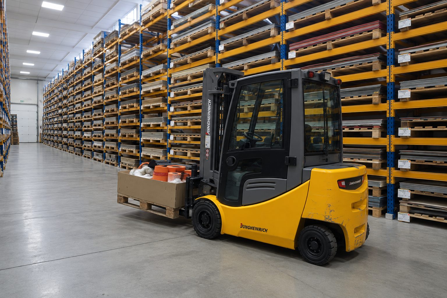 A forklift moving a pallet between tall warehouse racks