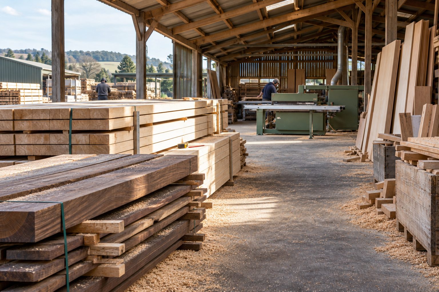 Stacked timber beams and workers at a saw in an open-sided sawmill shed