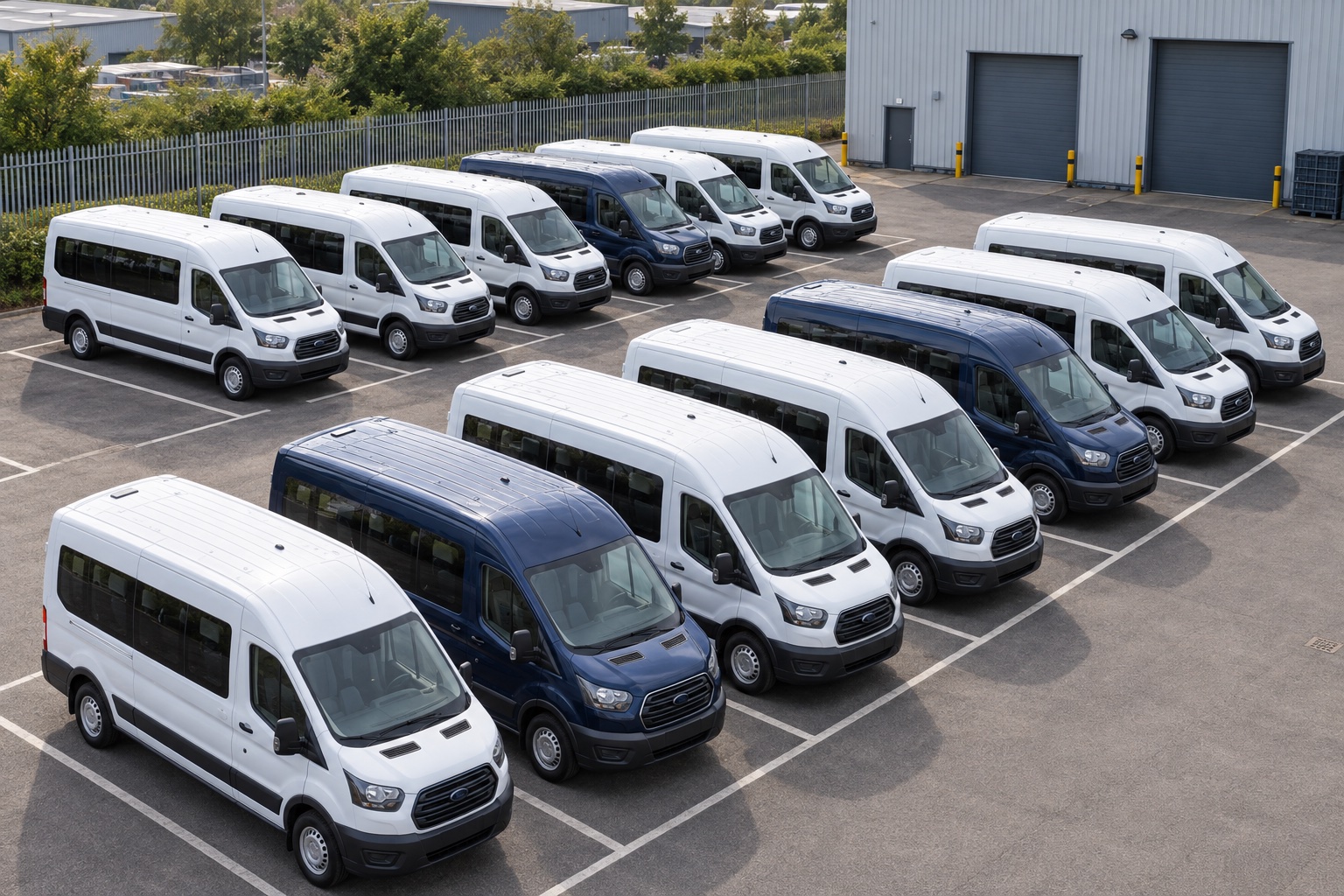 Rows of white and blue minibuses parked at a depot